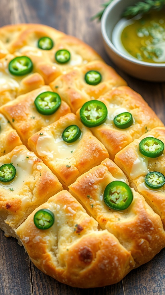 Golden jalapeño cheddar focaccia bread topped with cheese and jalapeños, served on a rustic table.